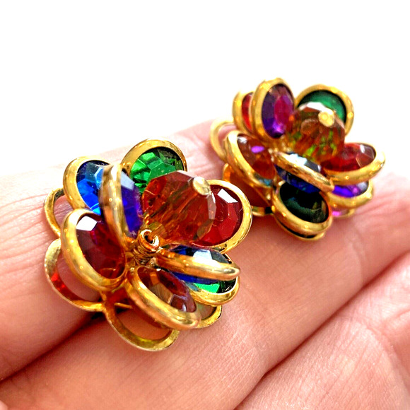 Jewel Tones Pierced Earrings Vintage 1980’s Multicolor On Goldtone Bead Clusters - Picture 6 of 6